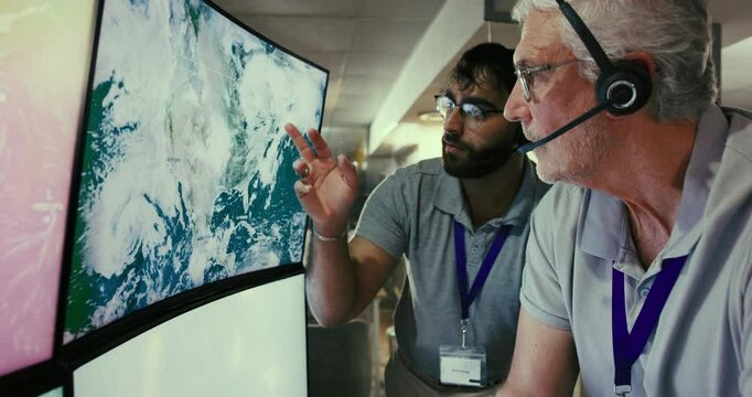 Computer screen, weather map and media employee for report, news or forecast in discussion as meteorologist. Male people, research and professional for update, ecology and analysis for climate change