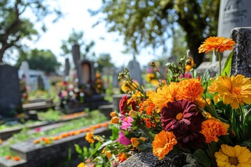 Fototapeta premium Floral decoration on the grave with a cementary in the background with generative ai