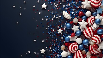 Red  White  and Blue Confetti Stars and Balls on Blue Background