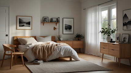 A Cozy Bedroom With Light Wood Furniture, White Walls, And Soft Textiles In A Scandinavian Design, Modern Bedroom
