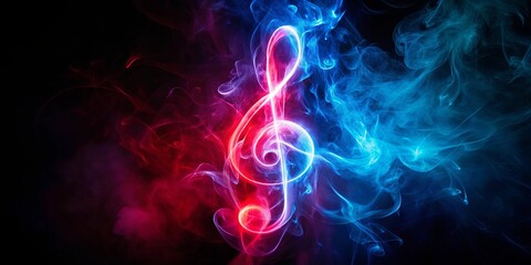 Neon-colored smoke musical note with red and blue treble clef shaped lights on black backdrop