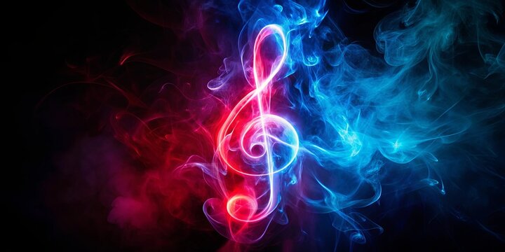 Neon-colored smoke musical note with red and blue treble clef shaped lights on black backdrop