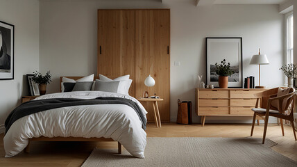 A Cozy Bedroom With Light Wood Furniture, White Walls, And Soft Textiles In A Scandinavian Design, Modern Bedroom