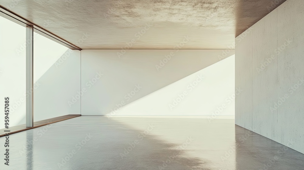 Poster minimalist empty room with concrete walls and large window