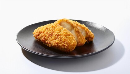 Tonkatsu on black plate with white background isolated
