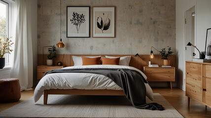 A Cozy Bedroom With Light Wood Furniture, White Walls, And Soft Textiles In A Scandinavian Design, Modern Bedroom