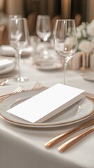 Elegant Table Setting with Blank Menu Card: Versatile Mockup for Weddings, Special Events, and Fine Dining. Cultural Inclusivity in Culinary Experiences. Freedom of Choice in Gourmet Celebrations. End