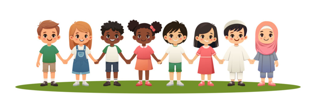 Vector cartoon style illustration. Kids holding hands together. Different races. Happy children smiling. 