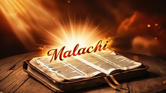 Open Bible with the word Malachi illuminated by a warm glow.