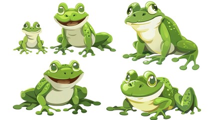 Set of cartoon hungry frog sad, smile, resting and hunting isolated on white background