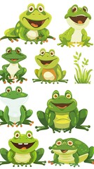 Obraz premium Set of cartoon hungry frog sad, smile, resting and hunting isolated on white background