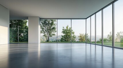 Fototapeta premium Modern Interior with Large Windows and a View of Greenery