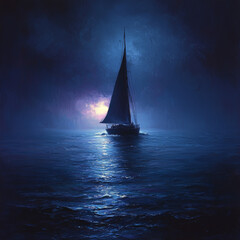 Fototapeta premium A sailboat sails through the dark waters of the ocean, illuminated by a faint glow on the horizon.