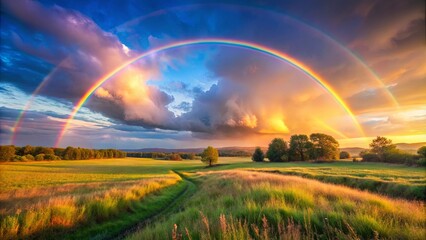 Obraz premium Tranquil sunrise in the countryside featuring a vibrant double rainbow