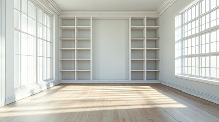 Fototapeta premium Empty White Room with Wooden Floor and Two Large Windows