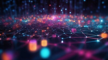 Obraz premium データストリームと人工知能の未来を表現したカラフルな3Dニューラルネットワークとボケ効果のある背景