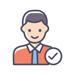 Approved user icon. Smiling man in a shirt with a checkmark, symbolizing approval, verification, and acceptance.