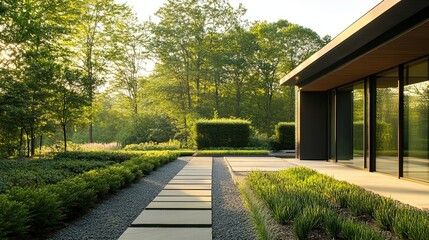Fototapeta premium Modern House with Stone Pathway Surrounded by Lush Greenery