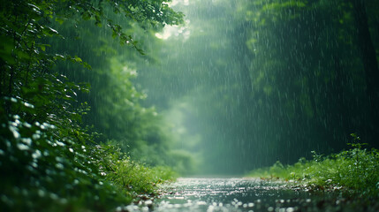 Gentle rain falling on a lush green forest, peaceful weather, nature's tranquility