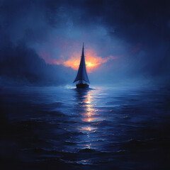 Fototapeta premium A lone sailboat sails into the sunset, leaving a trail of golden light on the water.