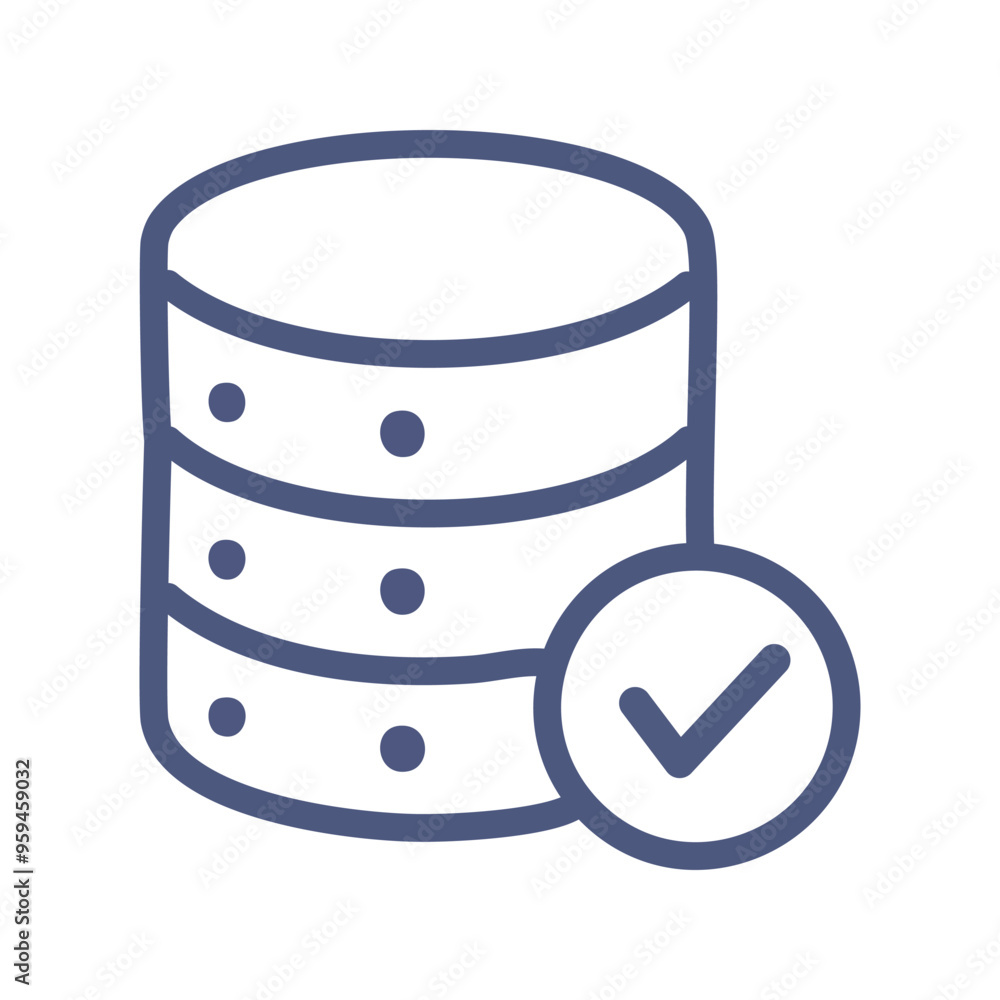Poster database approved. database icon with a checkmark, signifying success, completion, or approval.