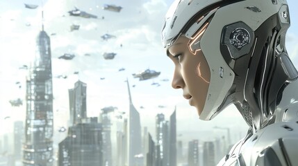 Futuristic Cityscape with Cyborg Woman in White Helmet