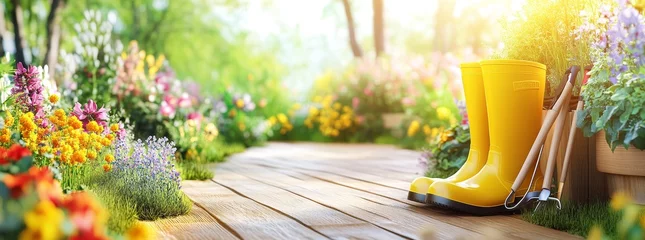 Yellow rubber boots, gardening tools, and flower pots on wooden pathway in a sunny spring garden.