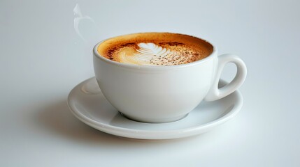 Obraz premium Hot Cappuccino with Latte Art and Cinnamon on a White Saucer