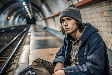 Young man sitting on train tracks.