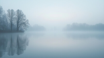 Fototapeta premium Drifting fog over a still lake at dawn, foggy weather, calm and ethereal