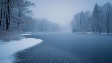 Drifting snow across a frozen lake, winter weather, cold and desolate