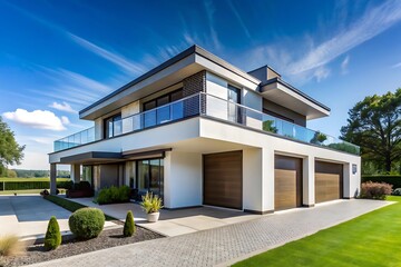 Modern House with Glass Balcony and Garage Doors.