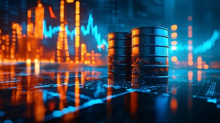 Oil barrels with stock market graph and oil rig in the background symbolizing oil stocks.
