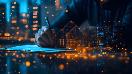 Analyzing a home loann refinance application with a focus on credit and financial stability, close up, strategic planning theme, ethereal, Double exposure, urban skyline backdrop