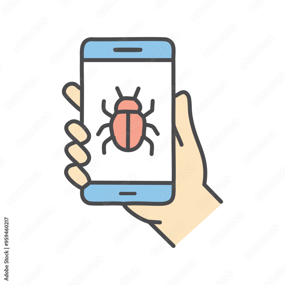 Poster phone bug icon. hand holding a smartphone with a bug icon on the screen, symbolizing cyber security 