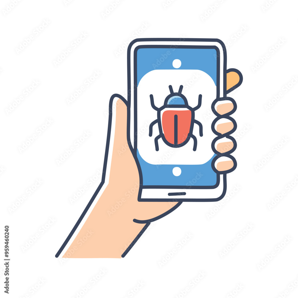 Poster bug on phone screen. hand holding phone with bug on screen, representing a security risk or malware 