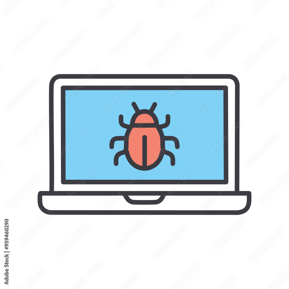 Poster laptop bug icon. laptop screen with a red bug, signifying a computer virus or malware threat.