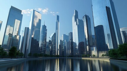 Obraz premium Modern Skyscrapers Reflecting in City Waterfront 