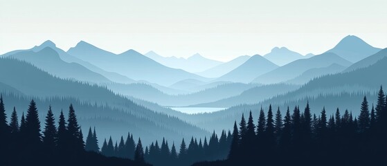 A serene landscape featuring a misty mountain range with a valley and a lake in the distance.