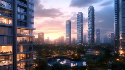 Modern Cityscape with High-Rises and Park at Sunset
