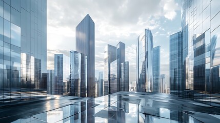 Obraz premium Modern Cityscape with Glass Skyscrapers and Reflections 