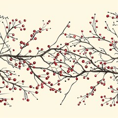 07250736 13. An intricate seamless border pattern showcasing red berries and twigs in a horizontal layout
