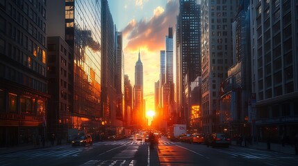 Obraz premium Sunset and Modern Skyscrapers in Cityscape 