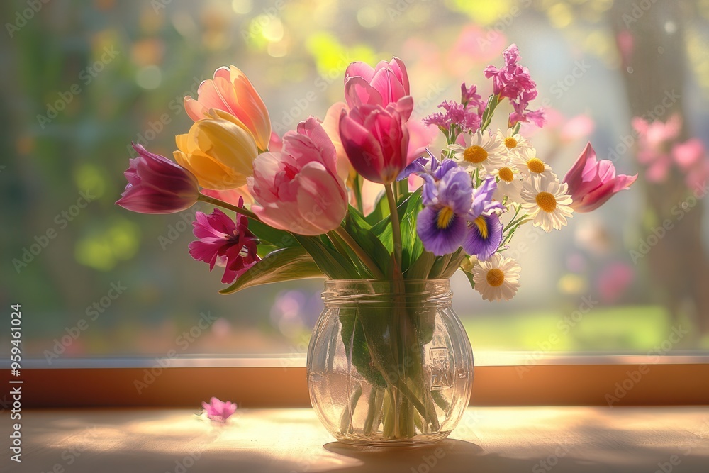 Wall mural A colorful assortment of tulips, irises, and daisies fills a clear glass jar, illuminated by warm sunlight streaming through the window. Generative AI