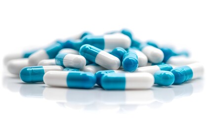 Medication Concept: Assorted Blue and White Pills on Table, Ideal for Pharmaceutical Marketing and Education