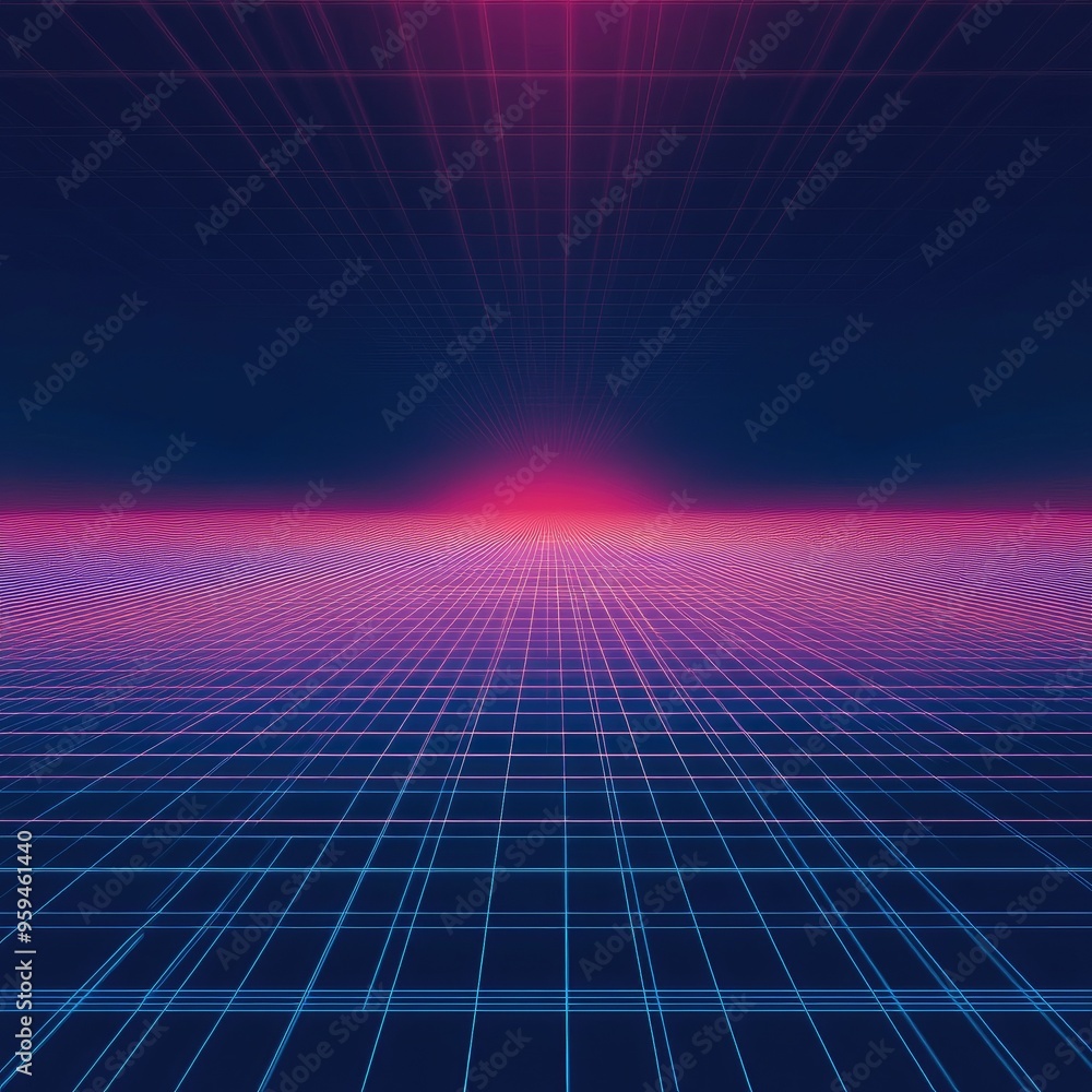 Poster a vibrant retro horizon with neon grid lines and a gradient sky, creating a futuristic digital lands