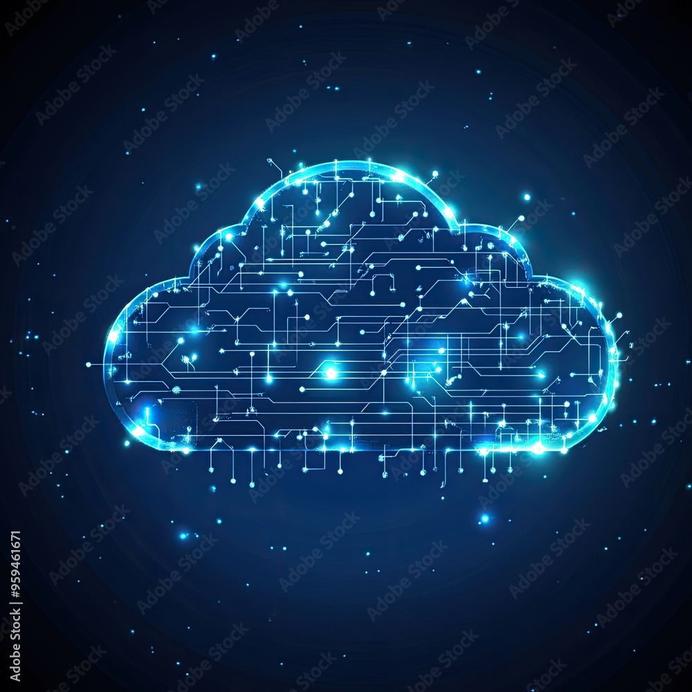Poster futuristic digital cloud with glowing circuits, symbolizing technology and data storage in a sleek, 