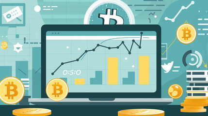 Bitcoin trading and financial chart on a laptop screen with digital currency symbols