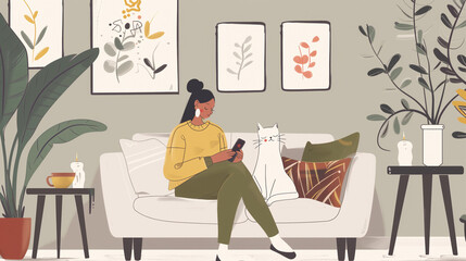 Cozy home scene with a woman using a smartphone on the couch with her cat