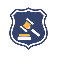 Law shield icon. Shield with gavel symbolizing legal protection, justice, and law enforcement.